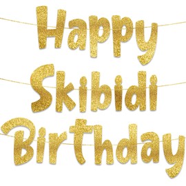 Happy Skibidi Birthday Gold Glitter Banner - Gen Z Slag - Funny Zoomer Birthday Decorations, Favors, Supplies, Ideas and Gifts
