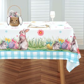 MikiUp Easter Day Tablecloth, Easter Egg and Rabbit Decorative Square Table Cloth, Washable Holiday Table Cover for Party Kitchen Dining Room, Blue 60 x 60 Inch