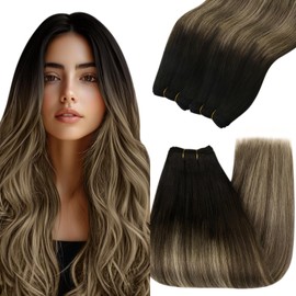 YoungSee Weft Hair Extensions Ombre Black Sew in Hair Extensions Black to Dark Brown with Blonde Balayage Straight Weft Extensions Human Hair Soft Sew in Extensions Human Hair 14Inch 100G