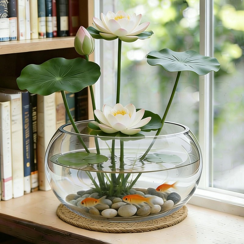 12" Large Round Glass Lotus Bowl Planter with Rattan Mat