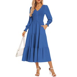 Kate Kasin Fall Midi Dresses for Women 2025, Blue Long Sleeve Maxi Dress, Empire Waist Flowy Ruffle Dresses