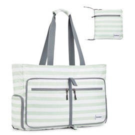G4Free Beach Bags for Women, Large Foldable Travel Bag with Zip, Waterproof Sandproof Beach Bag, Pool Bag, Light green striped