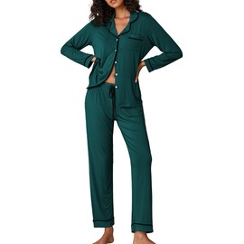 Ekouaer Pajamas Women's Long Sleeve Sleepwear Soft Button Down Loungewear Pjs Lounge Set Nightwear,Dark Green,Medium