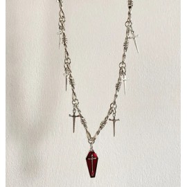 Unbranded Silver Chrome Barb Wire Vampire Cross Red Coffin Necklace Pendant Chain