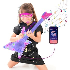 Guitar and Microphone Play Set for Kids, Karaoke Machine Toy with Music&Light for Girls Boys, Microphone Toys with Stand, Adjustable Height Guitar Toys for Child - Color: Red-2