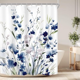 KOMLLEX Navy Floral Shower Curtain for Bathroom Decor 60Wx72H Inches Watercolor Ombre Blue and Purple Flower Botanical Plant Aesthetic for Girly Green Leaves Fabric Waterproof Polyester 12 Pack Hooks