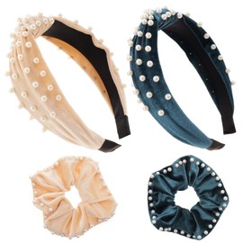 LOVNFC Trendy Women's Headband Set Stylish Knotted Headbands and Hair Loops for Girls with Wide Knot Headscarves in Pearl Velvet - Non-Slip & Fashionable Green Beige