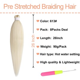 Mscat 26 Inch 8 Packs Pre Stretched Braiding Hair Blonde Pre Stretched Braiding Professional Synthetic Prestretched Crochet Braids Hair Extension Hot Water Setting Yaki Texture (613#)