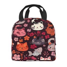 Yudchen Cat Lunch Box Cute Pets Insulated Lunch Bag for Kids Women Men Reusable Cooler Japanese Florals Lunch Tote Bag with Front Pocket for Girls Boys Students School Picnic Travel Office, wjoy-box2