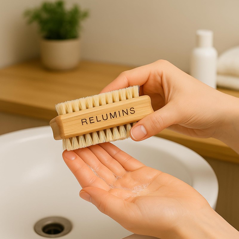 Relumins Dual Sided Nail Brush Bamboo Handle Bristle Exfoliating Tool