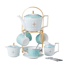 CLAY TONIC Claytonic Fine China Elegant Mint Blue Coffee Cup/Teacup Set, 7 OZ Cups& Saucer, with Teapot-Sugar Bowl-Cream Pitcher Teaspoons and tea strainer for Tea/Coffee,17-Pieces- Service for 4