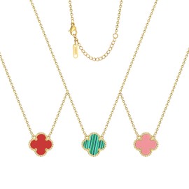 AIPPK Clover Pendant Necklace Set for Women 18K Gold Plated Four Leaf Clover Necklace Lucky Simple Jewelry Gifts for Women 3Pcs (Red+Green+Pink)