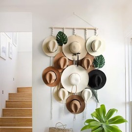 Macrame Hat Hangers for Wall - Boho Hats Rack Cowgirl Hat Holder on Wall, Bring 15 Clips Western Bedroom Decor Hat Display Country Room Decor Gift for Mother Women, 100% Natural Cotton, 31x63inch