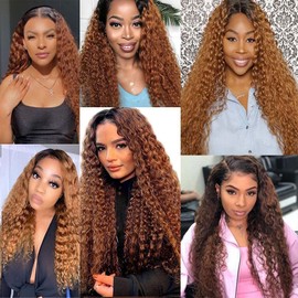 Biliisyff 1B/30 Human Hair Bundles Deep Wave Ombre Bundles Human Hair Brazilain Two Tone Black And Light Brown Bundles Human Hair Color 30 Deep Wave Bundles Hair Weave Extensions (10 12 14 Inch)