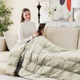 Deodar Natural Down FIiber Throw Blanket for Couch Bed Comforter Sofa Blanket Throw, Outdoor Lightweight Down Comforter Peach Skin Fabric 50"X70" Beige