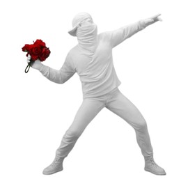 Banksy Figure Sculpture, Flower Thrower Ornament, Home Store Table Decoration Gift for Desktop Graffiti, Street Art, Urban Art and Po Art Collectors and Enthusiasts, 21.5 cm