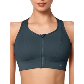Yvette Strong Support Sports Bra Large Breasts with Front Closure Mesh Ringer Back Without Underwire for Fitness Running, gray