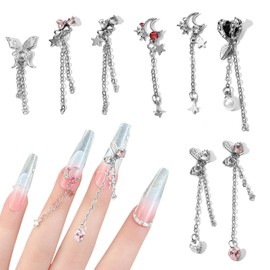 WOKOTO 8 Pcs 3D Dangle Nail Charms with Chains Butterfly Heart Bow Moon Nail Art Charms Alloy Nail Gems for Acrylic Nails Butterfly Bow Heart Charms for Nails Design Charms Jewelry Nail Decorations