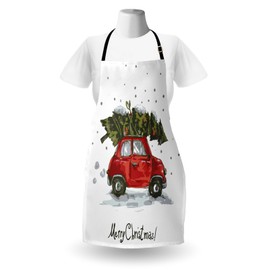 Ambesonne Christmas Apron Pack of 2, Retro Style Car Xmas Tree Vintage Family Style Illustration Snowy Winter Art, Unisex Kitchen Bib with Adjustable Neck, 2 Pcs - Adult Size, Green Vermilion