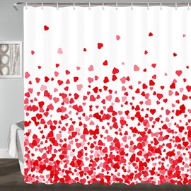 JAWO Heart Shower Curtain, Valentine's Day Falling Red Heart Fabric Bathroom Curtain and Hooks, Waterproof Shower Curtain Set 69x70Inches