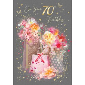Cherry Orchard 70th Happy Birthday Card with Present and Flowers Design with Gold Foil Details and Gold Envelope from