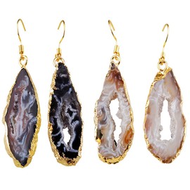 SUNYIK Natural Quartz Geode Agate Slice Dangle Earrings,Dark/Light Color Crystal Druzy, 2 Pairs