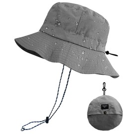 PFFY Quick Dry Waterproof Packable Bucket Hat for Women Men Outdoor Sun Hats with Detachable Chin Strap Grey