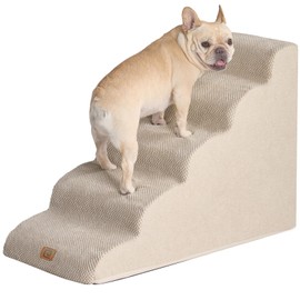 EHEYCIGA Curved Dog Stairs Ramp for High Beds 22.6" H, 5-Step Dog Steps for Small Dogs and Cats, Pet Stairs for High Bed Climbing, Non-Slip Balanced Pet Step Indoor, Beige