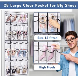 KEETDY 28 Large Clear Over The Door Shoe Rack with Crystal Pockets Hanging Shoe Organizer Storage Shoe Holder for Closet Hanger, White