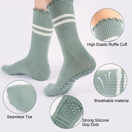 ANLIOTO 3 Pairs Yoga Socks with Grips, Non Slip Ruffle Pilates Socks Frilly Crew Socks for Barre Barefoot Workout Hospita (Blue, Green, Grey)