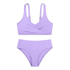 Girls Swimsuit 2 Piece Tropical Floral Twist Cross Swimwear High Waisted Bikini Set Teen Solid Color Bathing Suit 9-16T