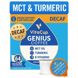 VitaCup Genius Decaf Coffee Pods 64ct w/ KETO MCT Oil, Turmeric, & Vitamins for Metabolism & Focus in Recyclable Single Serve Pod Compatible with K-Cup Brewers Including Keurig 2.0