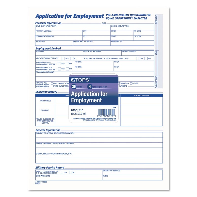 TOPS 3288 Comprehensive Employee Application Form, 8 1/2 x 11