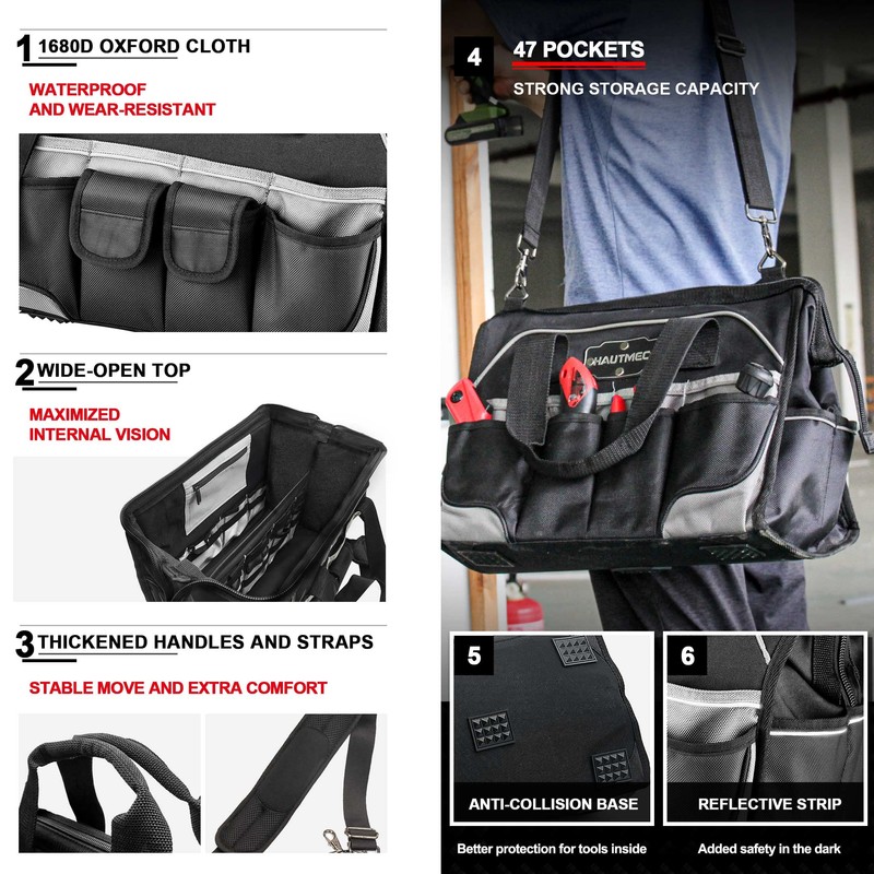 HAUTMEC Pro 16-inch Wide Mouth Tool Bag With 47 Pockets,
