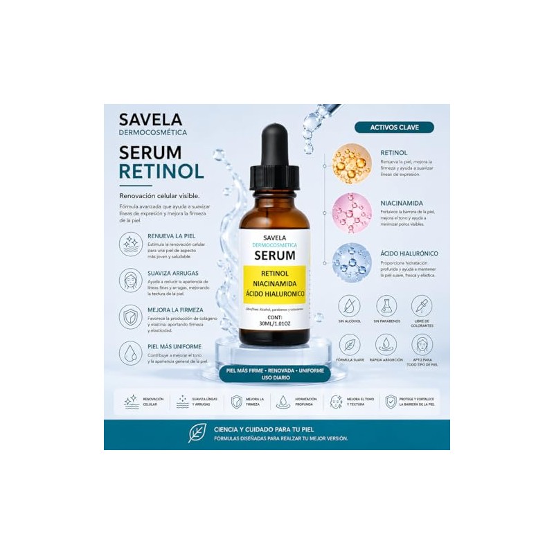 Serum Facial Retinol, Niacinamida y Ácido Hialuronico 30ml,