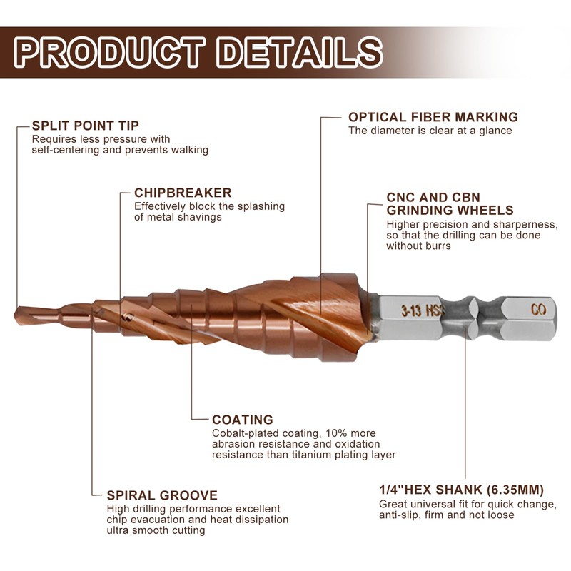 M35 Cobalt Step Drill Bit 3-13mm, 11-Step, HSS Cobalt Cone