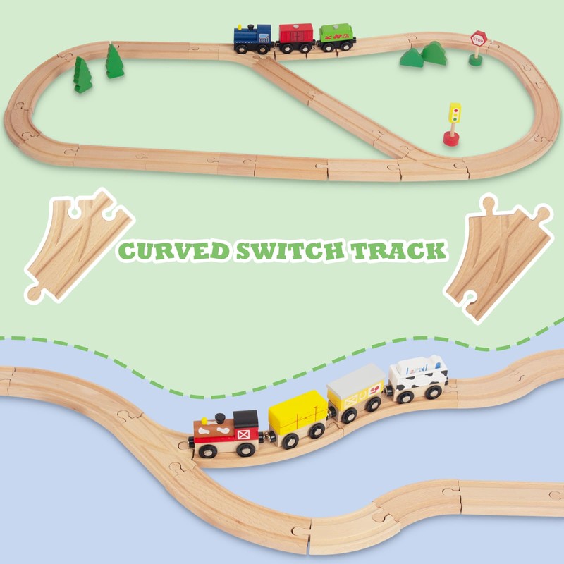 Wooden Train Tracks 24 Piece Set, Track Expansion and 9
