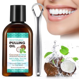 sefudun Whitening Coconut Pulling Oil (4.2 Fl.Oz),with Tongue Scraper+Measuring Cup, Coconut Mint Pulling Oil for Teeth, Pulling Oil for Teeth Whitening and Healthier Gum&Teeth-Travel Size, Clear
