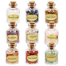 mookaitedecor 9pcs Mini Glass Wishing Bottles Tumbled Gemstone Crystal Chips Healing Reiki Stones Set
