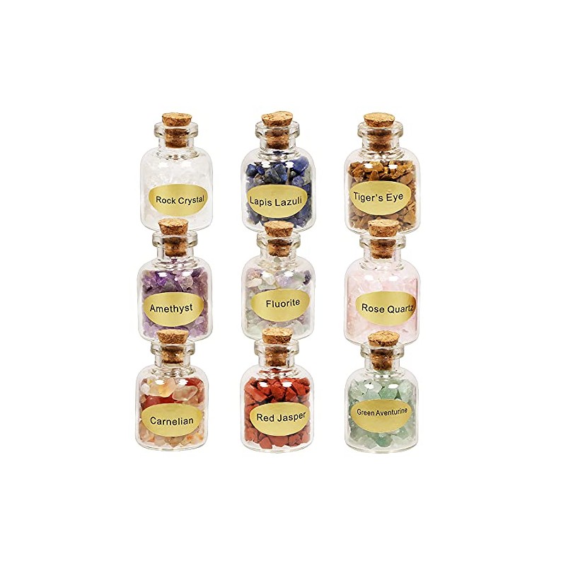 mookaitedecor 9pcs Mini Glass Wishing Bottles Tumbled Gemstone Crystal Chips