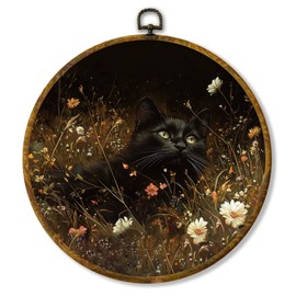 Hiuwevt Black Cat Round Wall Art Decor, Vintage Cottagecore Floral Wildflower Hanging Canvas Prints Artwork Framed, Rustic Dark Academia Maximalist Circular Wall Decor for Home Room, 10x10 Inch