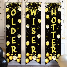 3 Pcs Birthday Banner Black and Gold Older Wiser Hotter Banner Funny Birthday Banner for Women 30th 40th 50th 60th 70th 80th Birthday Party Decorations Birthday Sign Birthday Gift