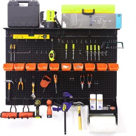 TORACK Metal Pegboard with Peg Board Hooks, Tools Storage Pegboard System with Pegboard Hooks, Wall Mounted Storage Bins, Shelves, Tool Organizer Board with Pegs(Black)