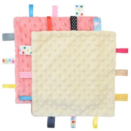 OWLOWLA Tag Security Blanket for Babies Plush Sensory Soothing Tag Blankets Soft Minky Bed Tag Blanket Baby Boy Girl(Cream&Coral)