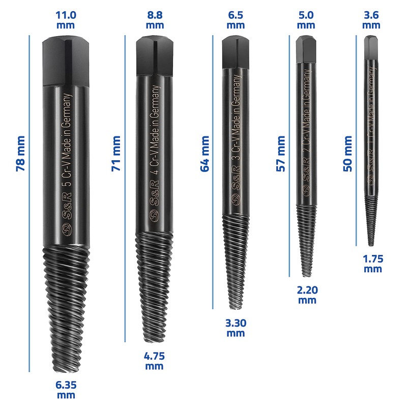 S&R Screw extractor set, 5 pieces, made in Germany, left-hand