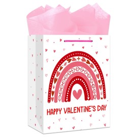BIZIBAFF 13" Large Valentines Day Gift Bag with 2 Pink Tissue Paper Valentines Day Gift Bags with Handles Happy Valentines Day Paper Gift Bag for Her Him Girlfriend Boyfriend Wife Husband Women Men