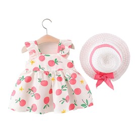 Baby Girls Sling Dress Bow Sleeveless Halter Fluffy Princess Dress with Folding Sun Hat for Toddler Infant Pink Baby Height 90cm