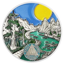 16 Year Sobriety Coin AA Chips and Medallions - Sun Mountain River Scene - 1-20 Year Sober Token Celebrating Sobriety - Alcoholics Anonymous Gifts - Sobriety Gifts for Men Women