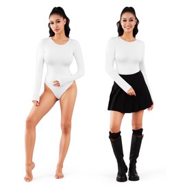 MANGOPOP White Body Suits Women Crew Neck Long Sleeve T Shirts Bodysuit