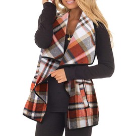 CARCOS Plus Size Women Vest 2x Plaid Lapel Open Front Cardigan Buffalo Sleeveless Jacket Coat with Pockets Orange Brown 2XL 18W 20W